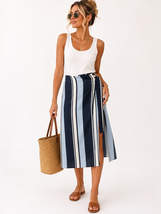 J.O.A. Dresses & Skirts - .O.A. Los Angeles Striped Wrap Skirt Blue White Nautical Size S Resort Chic